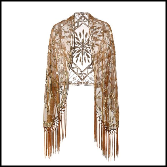 Sequin Deco Fringed Evening Shawl Vintage 1920s Flapper Wedding Cape